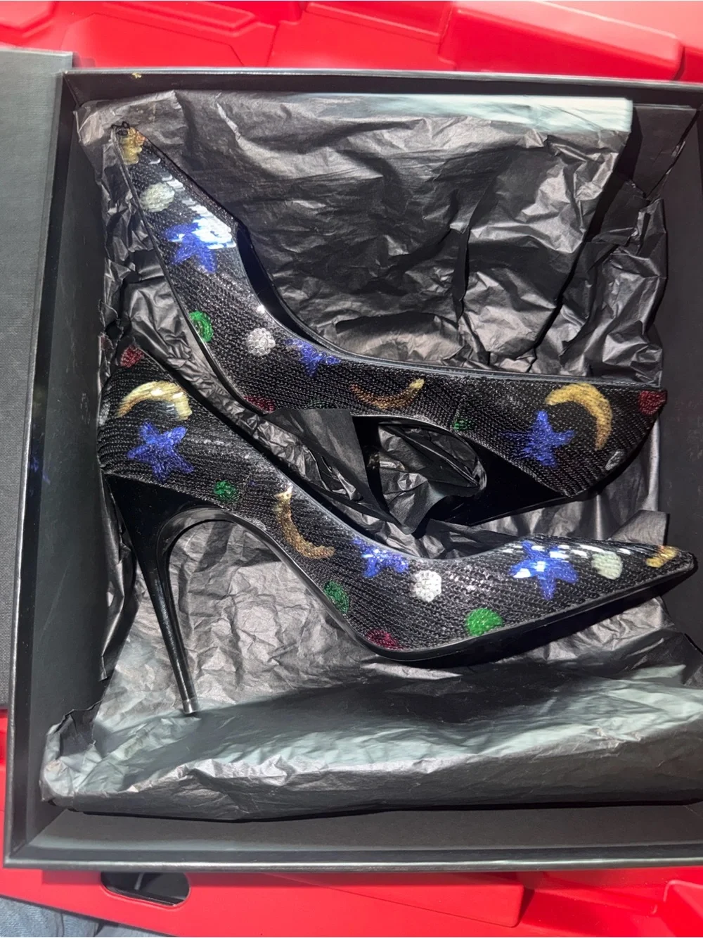 Saint Laurent Black Pointed Pumps with Multicolor Dots - Picture 5 of 9